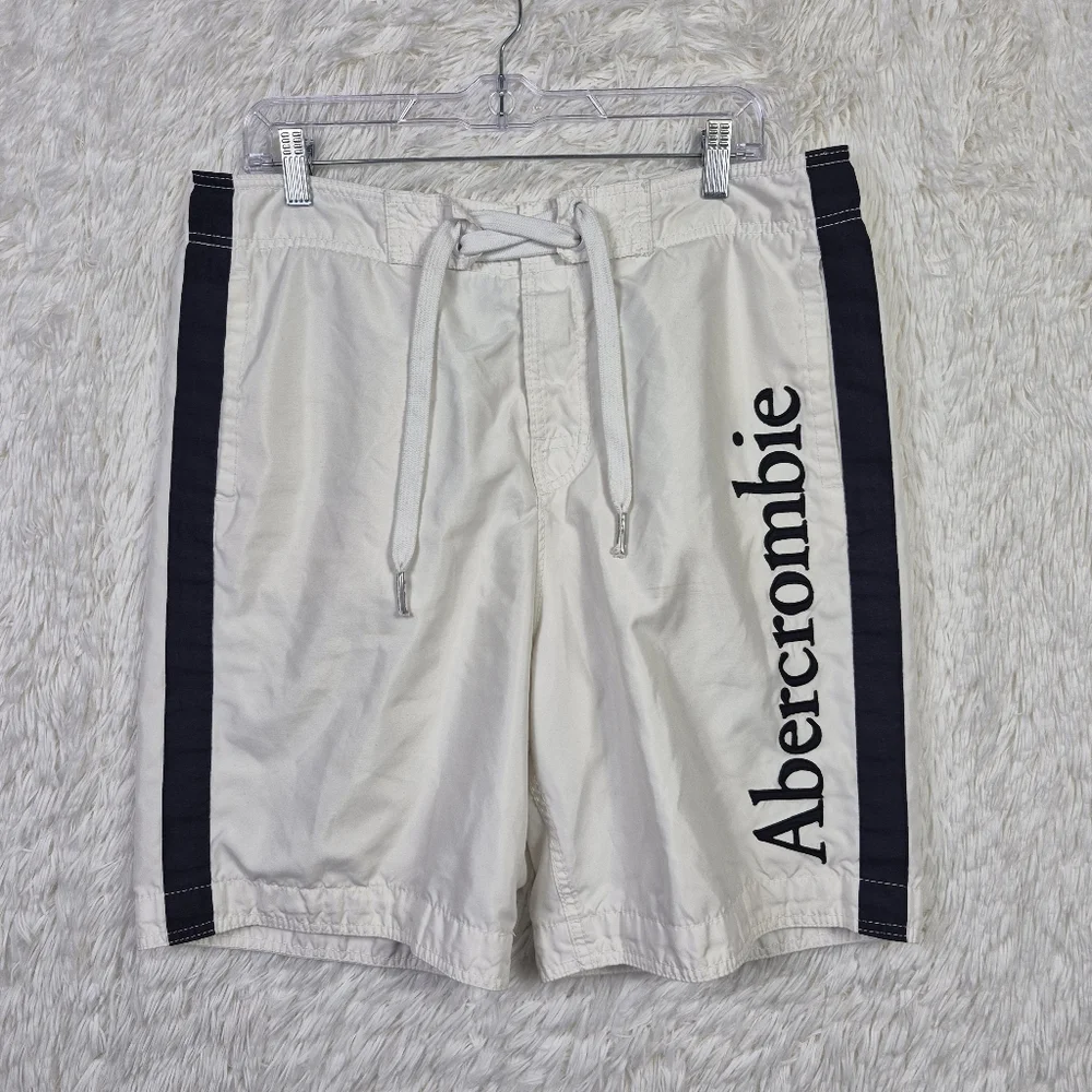 Abercrombie & Fitch Mens‎ L White Lined Board Shorts Spell Out Y2K Preppy